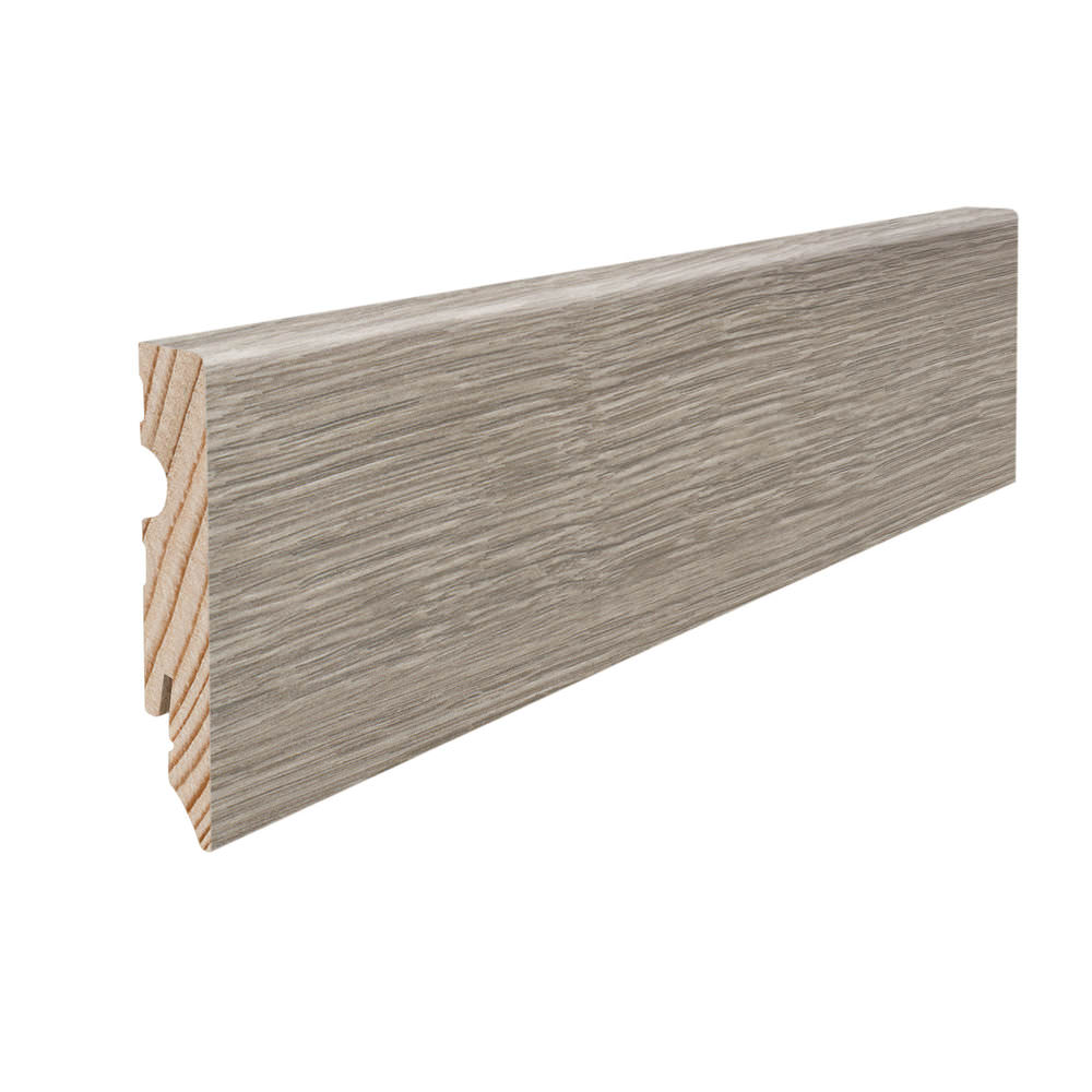 Skirting with solid wood core 15 x 80 mm cube 2,2 m lam. cover water resistant Oak Flavia Grey*