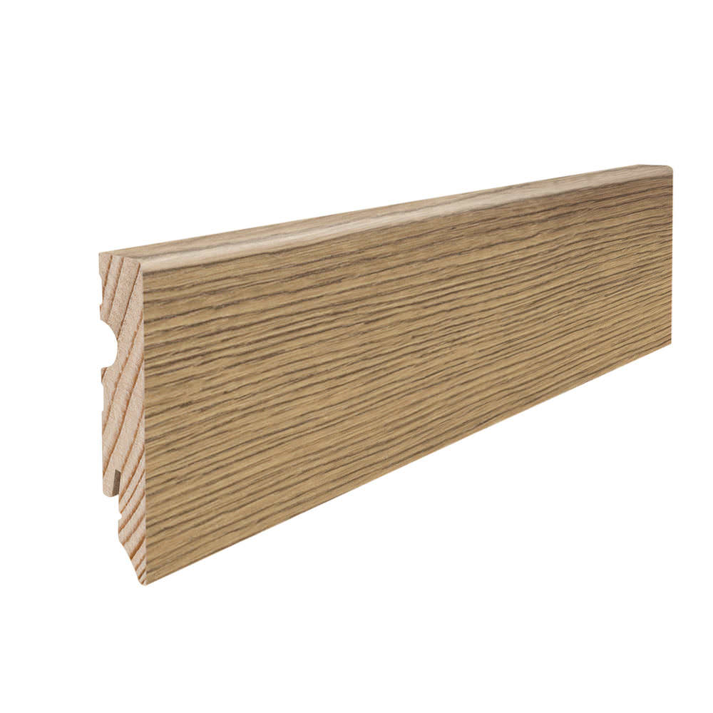 Skirting with solid wood core 15 x 80 mm cube 2,2 m lam. cover water resistant Oak Metallic Nature*
