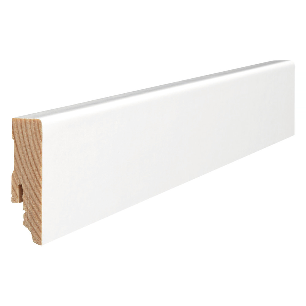Skirting with solid wood core 16 x 58 mm cube 2,2 m lam. cover strong, matt white